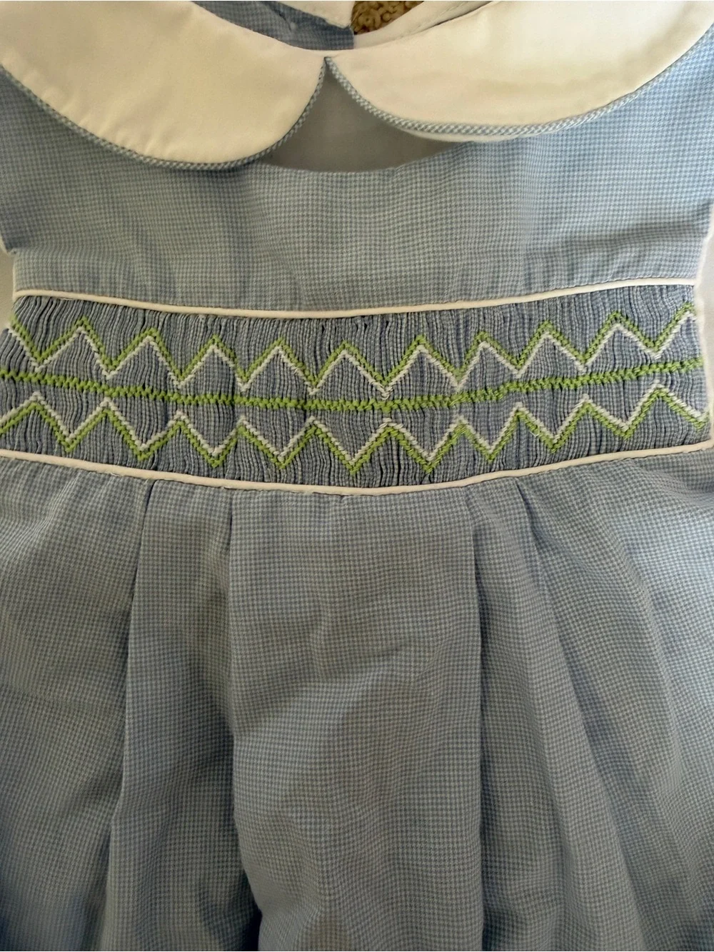 Petit Ami Light Blue Gingham Baby Romper with White Collar